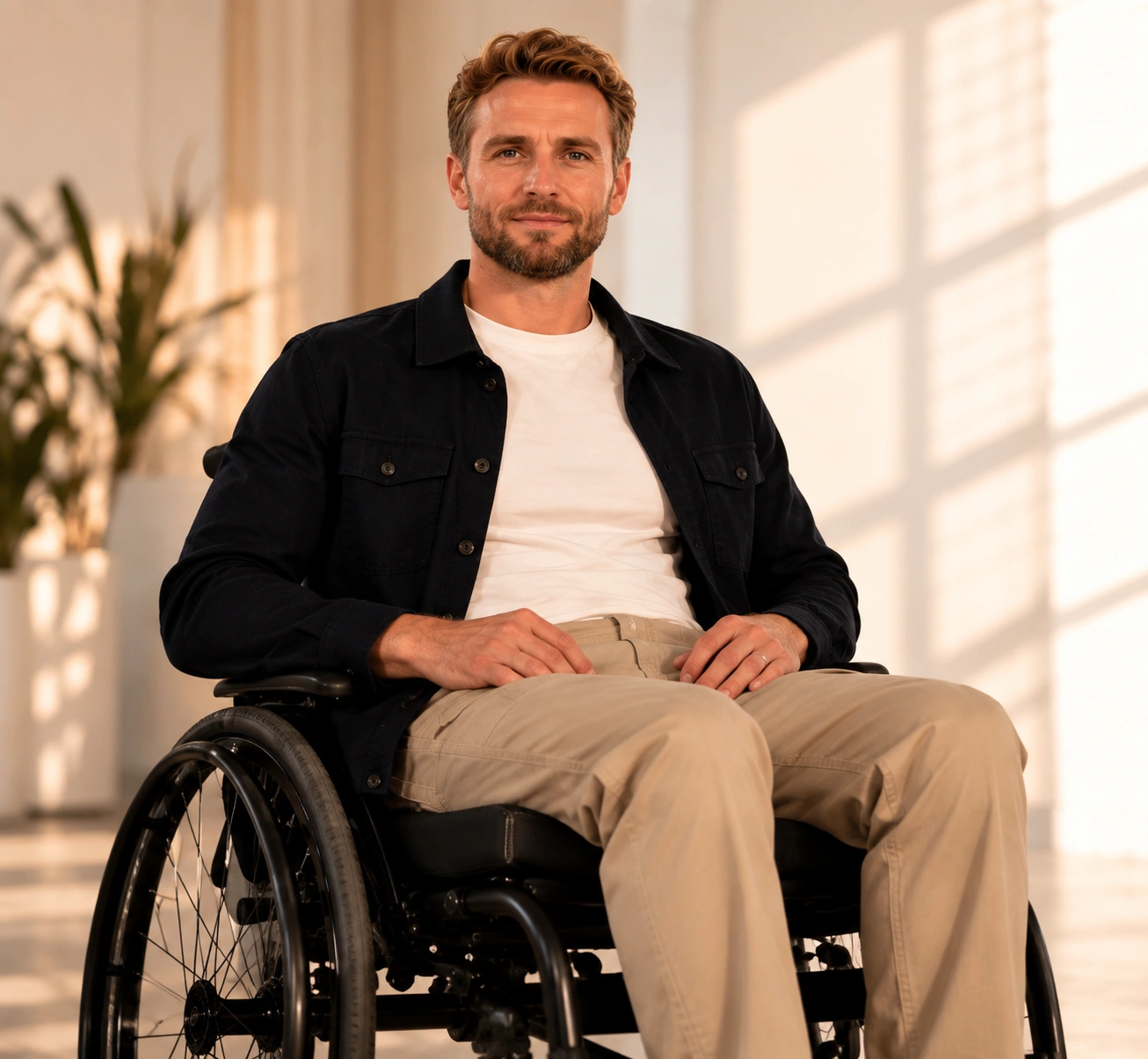 Maxence, le fondateur de STAND up., assis en fauteuil, en veste sombre et pantalon beige.